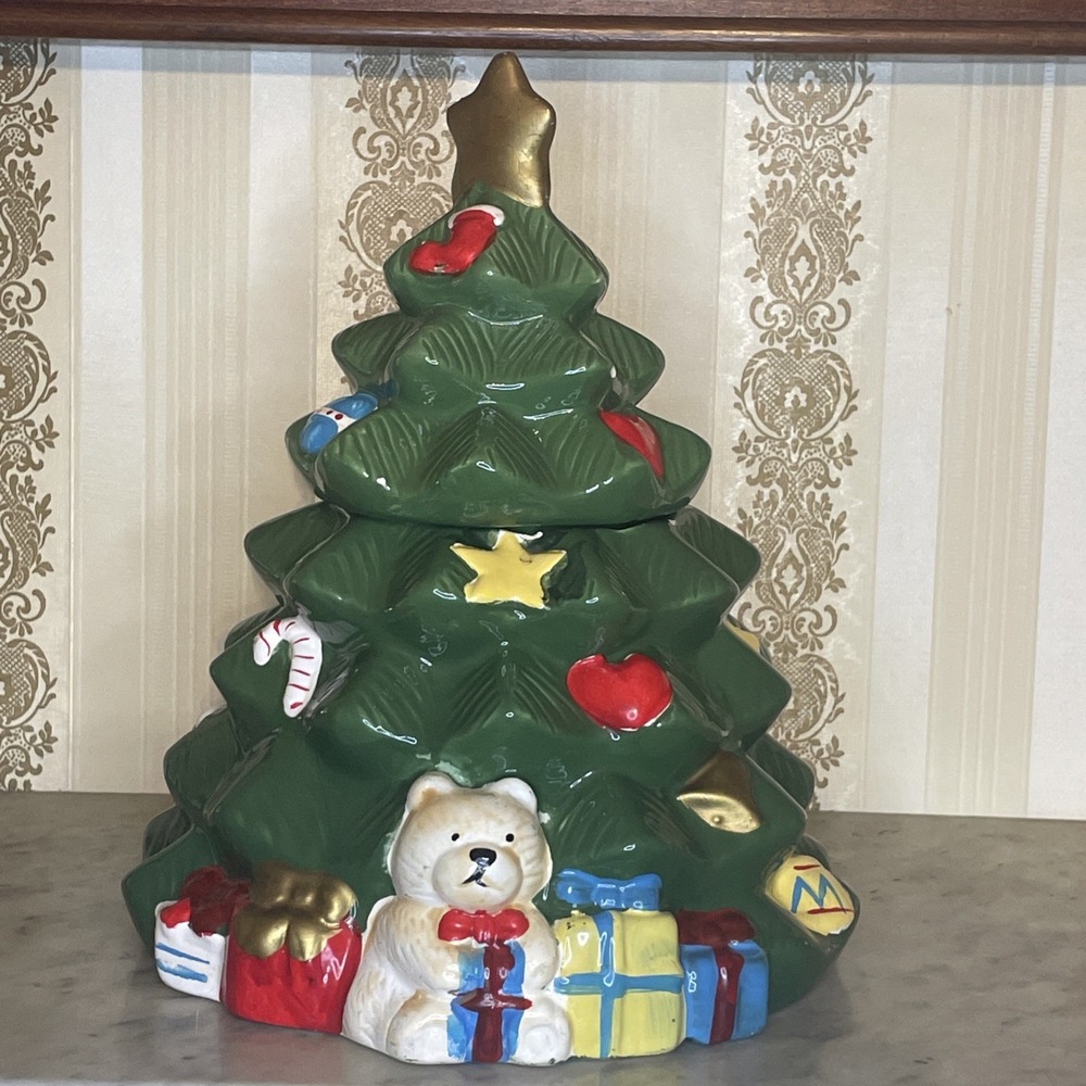 Vintage Ceramic Two Piece Christmas Tree Cookie Jar QVC Teddy Bear Star Horse